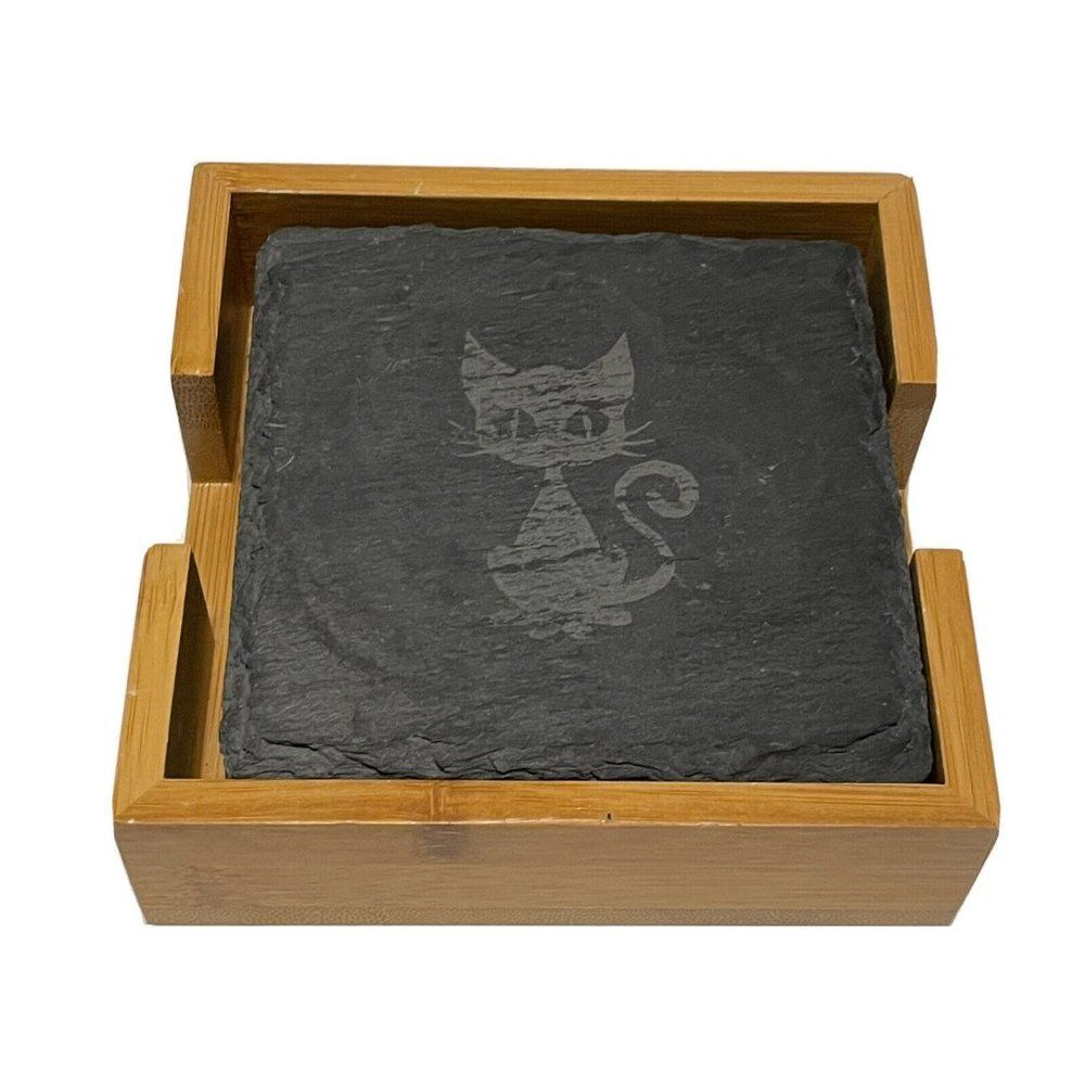 4- Slate Coasters Laser Etched Cat Purr Ty Time Wood Holder Kitten
